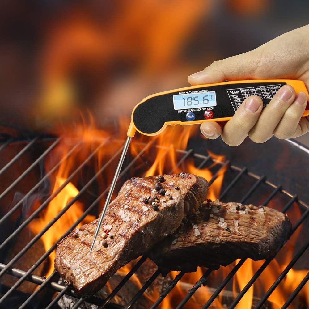 Meat Thermometer with Backlight & Calibration. Best Waterproof, Oversized Screen Digital Instant Read Candy Thermometer for Kitchen, Outdoor Grilling and BBQ, Hidden Super Long Food Probe.