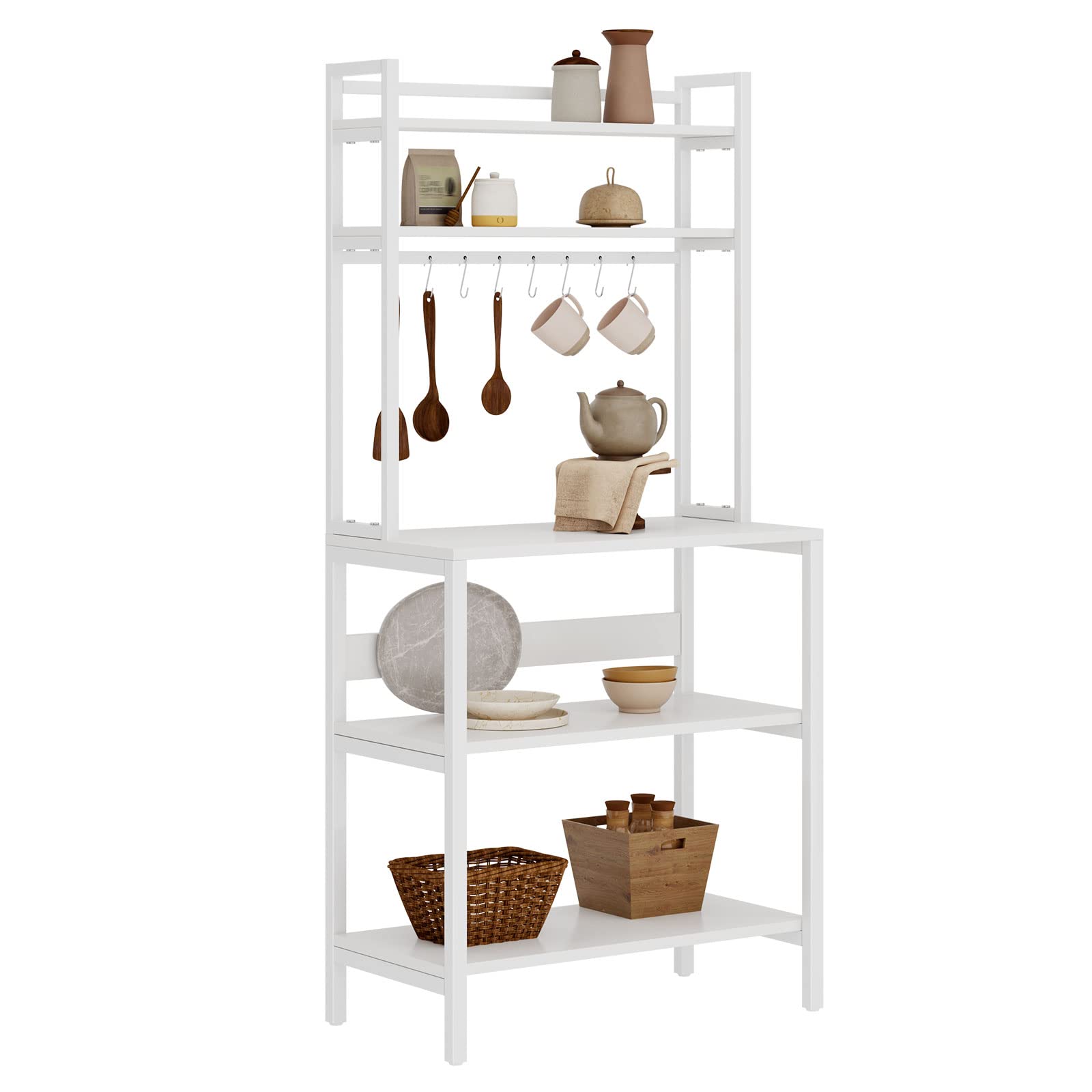 soges Estante de Cocina de 5 Niveles EstanterÍa de PanaderÍa, Soporte de Microondas Independiente, Estante de Cocina de Estilo Industrial con Ganchos, Blanco