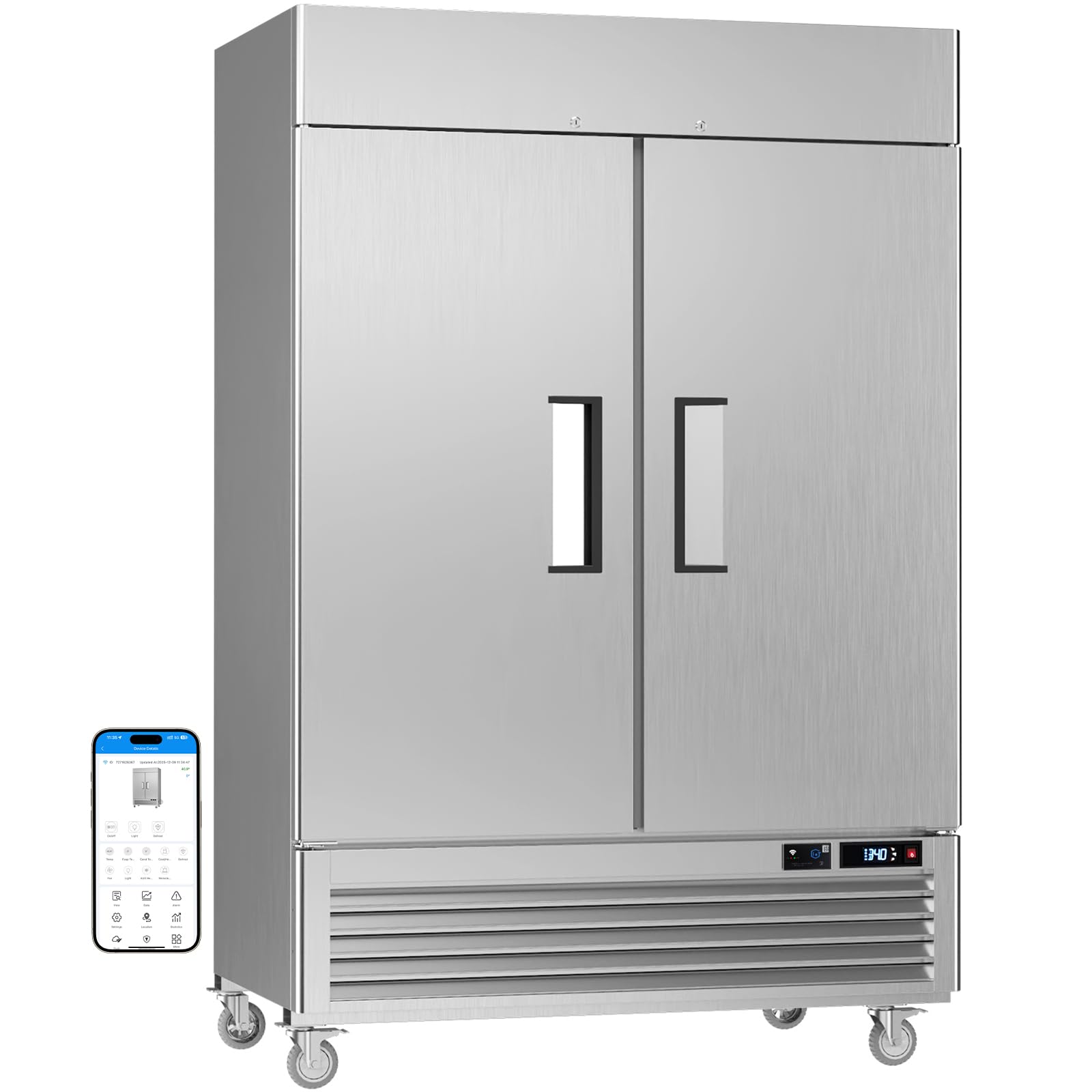 VEECOOL 54.4" W Commercial Refrigerator WiFi Enabled Stainless Steel 2 Door Reach in Fridge with Smart App Control, 49 Cu.Ft Fan Cooling Upright Fridge for Restaurant Bar Cafe Garage