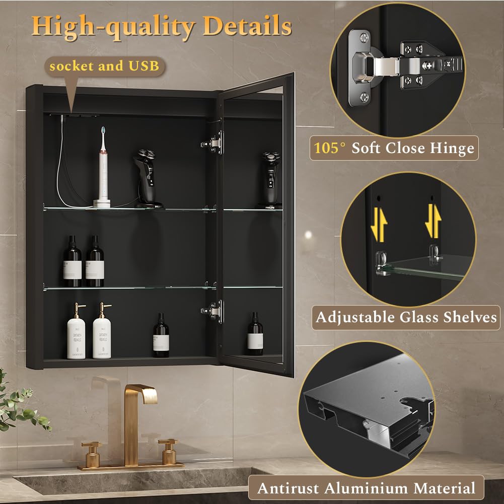 Armoire à Pharmacie Miroir LED modulaire Avec Cadre en Aluminium Anti-buée, éclairage réglable, Prises intégrées et Ports USB – à Fixer au Mur (20x28 Armario con bisagra Derecha LED)