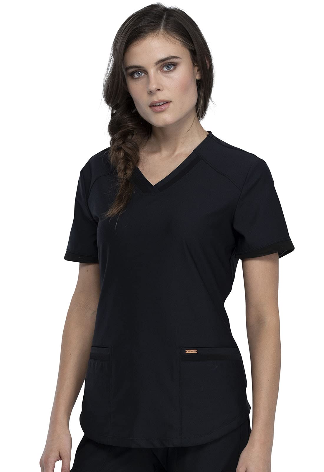 Cherokee CK840 - Conjunto de ropa quirúrgica para mujer, 7 bolsillos, cuello en V, dobladillo curvado CK840 y pantalón de pierna cónica de tiro medio con cordón CK095, color negro, 2XL y pantalón