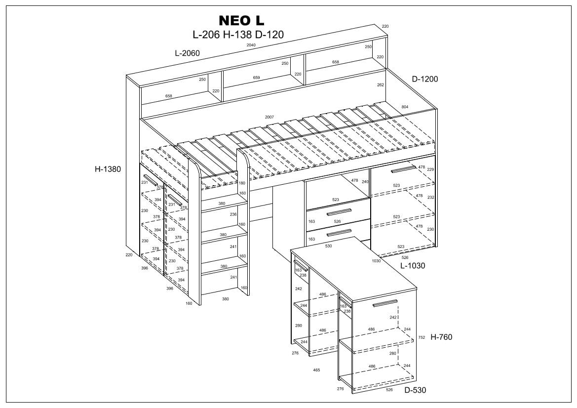 BIM Furniture Lit superposé NEO L pour enfant, ensemble de meubles pour chambre d'enfant, 1 lit avec bureau, étagères, tiroirs: côté gauche