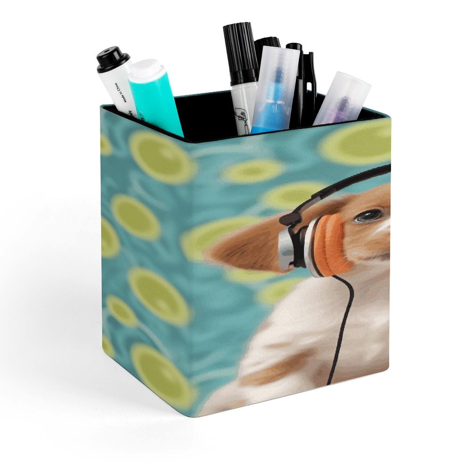 JTREHY Puppy with Headphones Pen Holder Square Pen Pencil Holder Makeup Brush Holders Cup PU Leather Pencil Cups Desktop Caddy Stationery Organizer Case Office Accessories Container Box