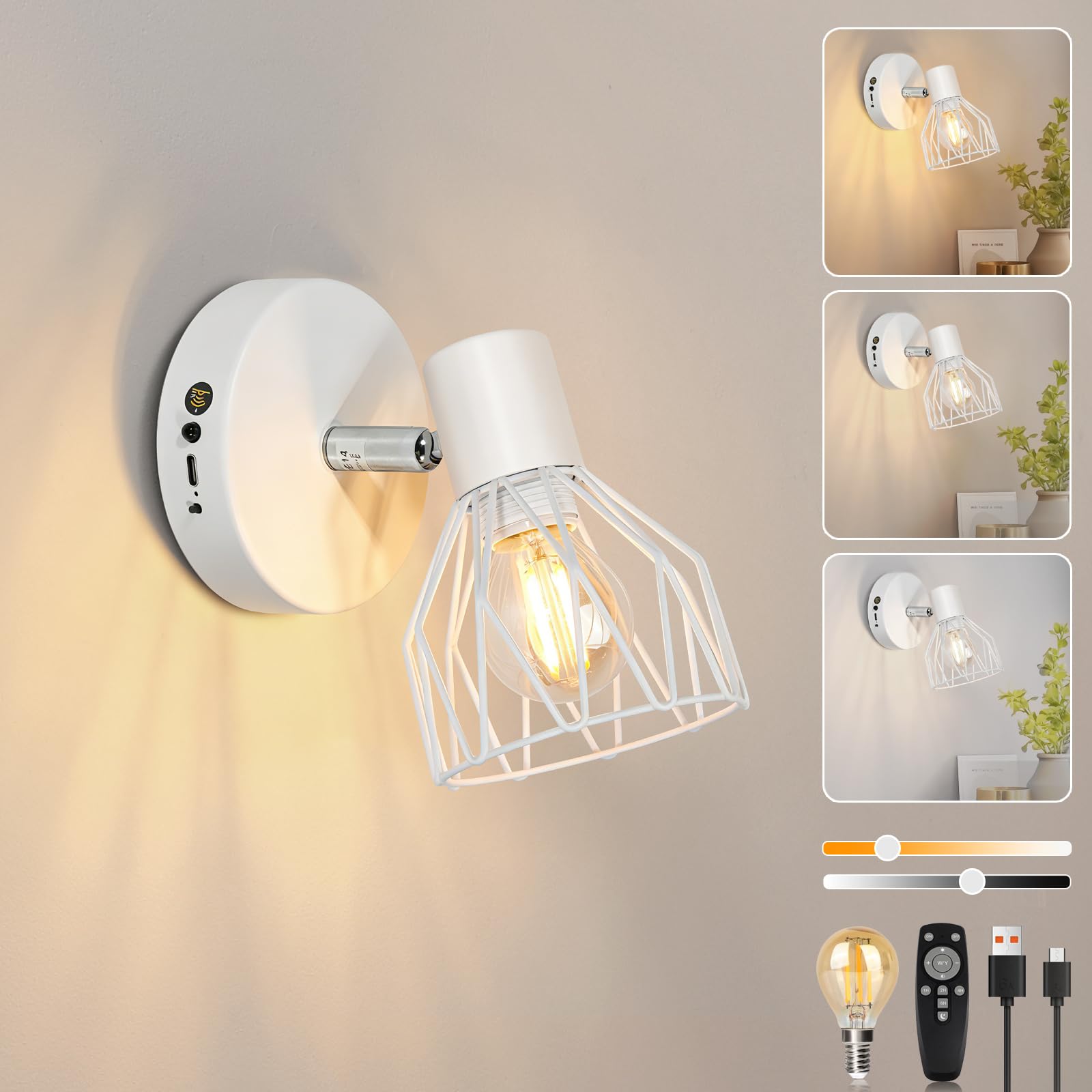 Dehobo Battery Operated Wall Sconces, Wireless Wall Light with Dimmable LED Bulbs, Type-C Rechargeable Wall Lamps with Remote Control, Cordless Sconce for Indoor Bedroom Living Room Stairs