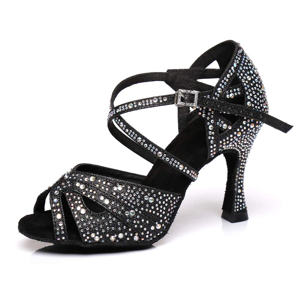 JUODVMP Damskie buty do tańca latynoskiego z odkrytymi palcami stras na imprezę towarzyską buty