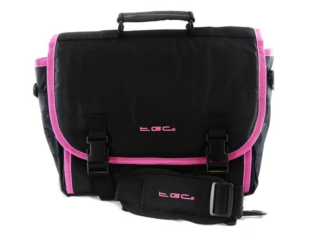 New TGC ® Messenger Style TGC Padded Carry Case Bag for The ieGeek 12.5" Portable DVD Player (Jet Black with Hot Pink Trims)