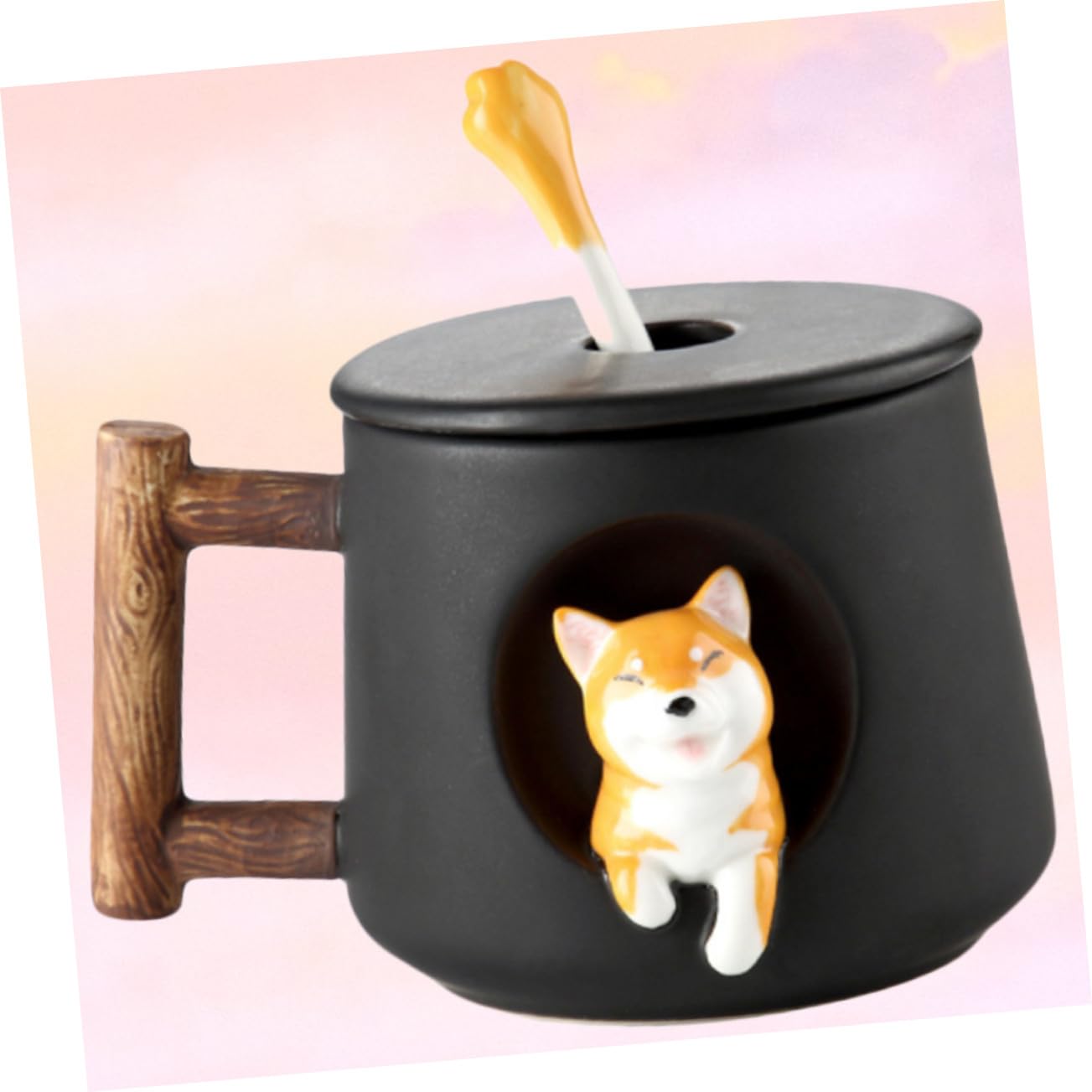 Keramik Dog Mug mit Deckel und Löffel Kreative Lustige Tasse Schwarze Shiba Inu Tasse für Kaffee Tee Saft Sicher und Leicht zu Reinigen für Zuhause und Büro