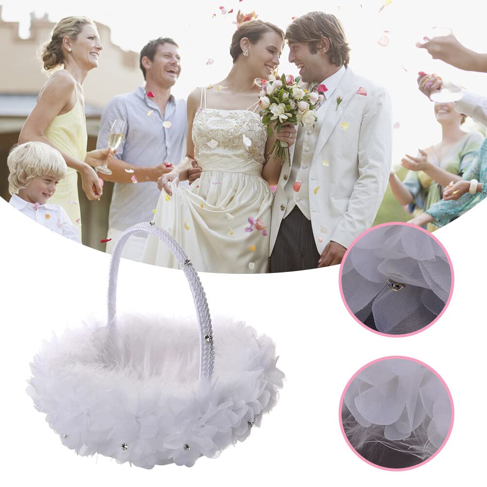 Soft Fluffy Ostrich Feather Flower Girl Basket with Rhinestones, Cute Flower Baskets for Wedding Ceremony