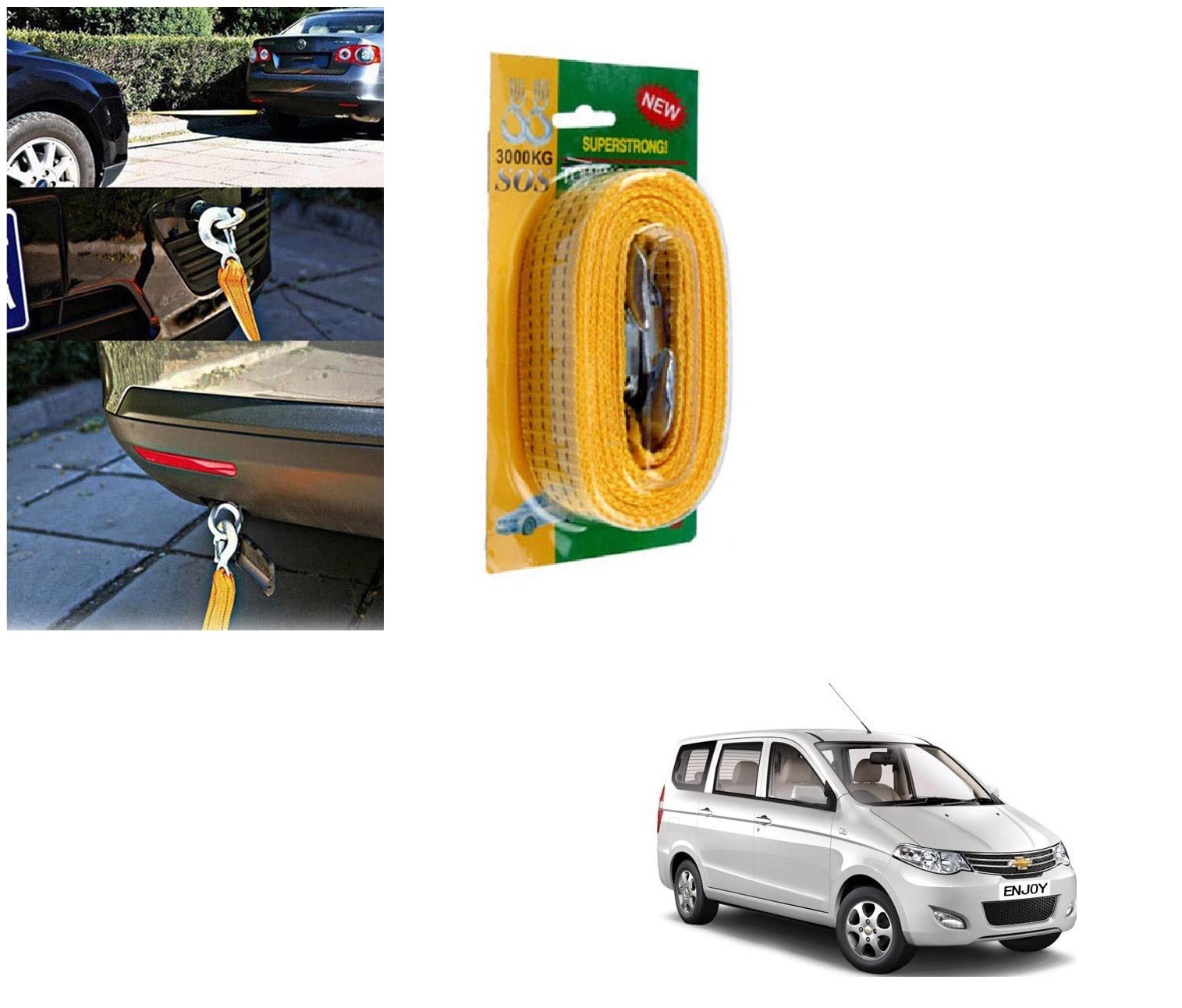 Auto Addict 3 Ton 3 MTR Nylon Car Truck Towing Rope Cable for Heavy Duty Car Emergency Tow Pull Rope Strap Hooks Van Road Recovery for Chevrolet Enjoy