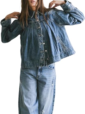 EZAPINE Womens Cropped Denim Jacket Long Sleeve Collared Button Down Pleated Jean Jckets with Pockets