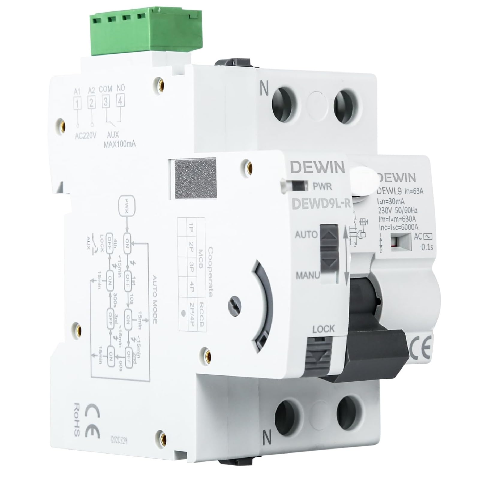 DEWIN Interruttore Differenziale a Riarmo Automatico Differenziale, 2P AC230V 63A 30mA Salvavita con Riarmo Automatico Salvavita Autoriarmante RCCB