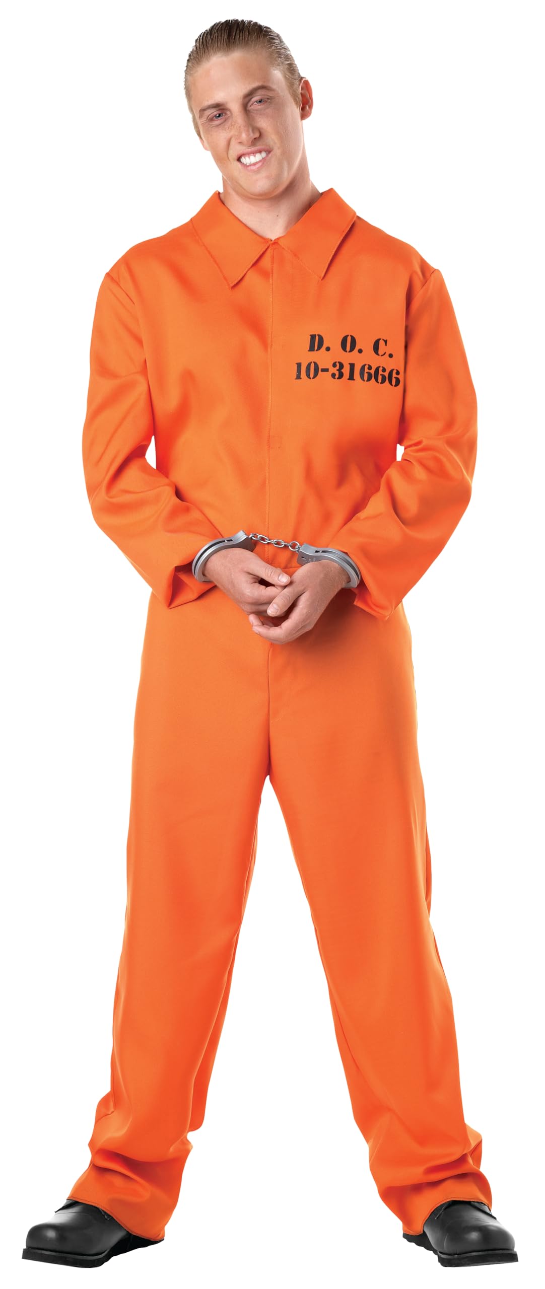 Seasons Seasons Prisoner Costume for Adults – Realistic Orange Inmate Jumpsuit | with D.O.C. Prints & Handcuffs, Halloween Prison Outfit, Large 40–42