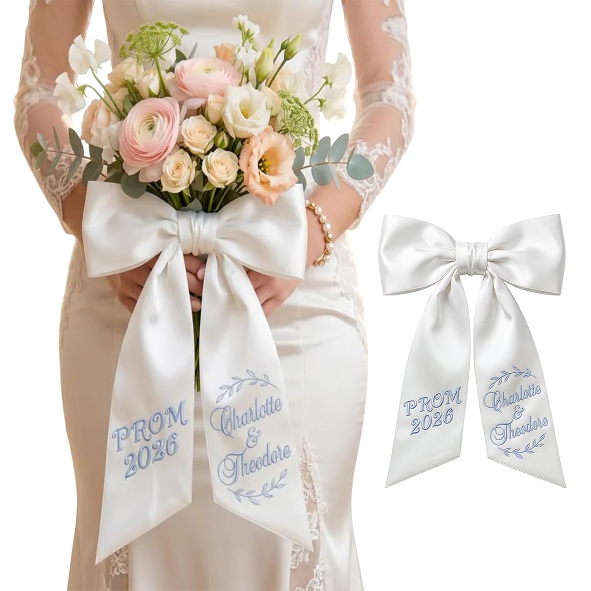 Personalized Prom Bouquet Sash 2026 - Custom Embroidered Bouquet Sash with Name and Yea, Graduation Monogram Ribbon Bow, Senior Night Decorations, Keepsake Corsage Bow for Flower Wrap,Wedding,Holidays