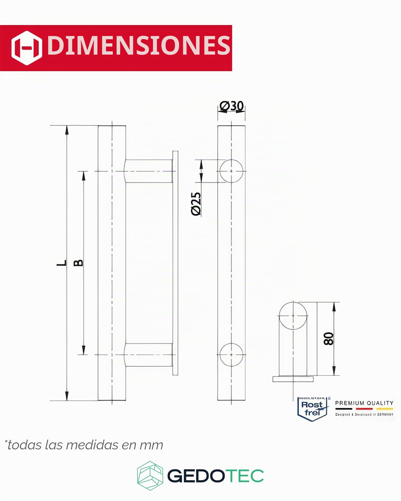 Gedotec Puerta delantera tiradores redondos rectos de acero inoxidable - HE10008 | Longitud 600 mm | Distancia entre agujeros 400 mm | Mango de barra Ø 30 mm | diseño material sujeción - 1 pieza