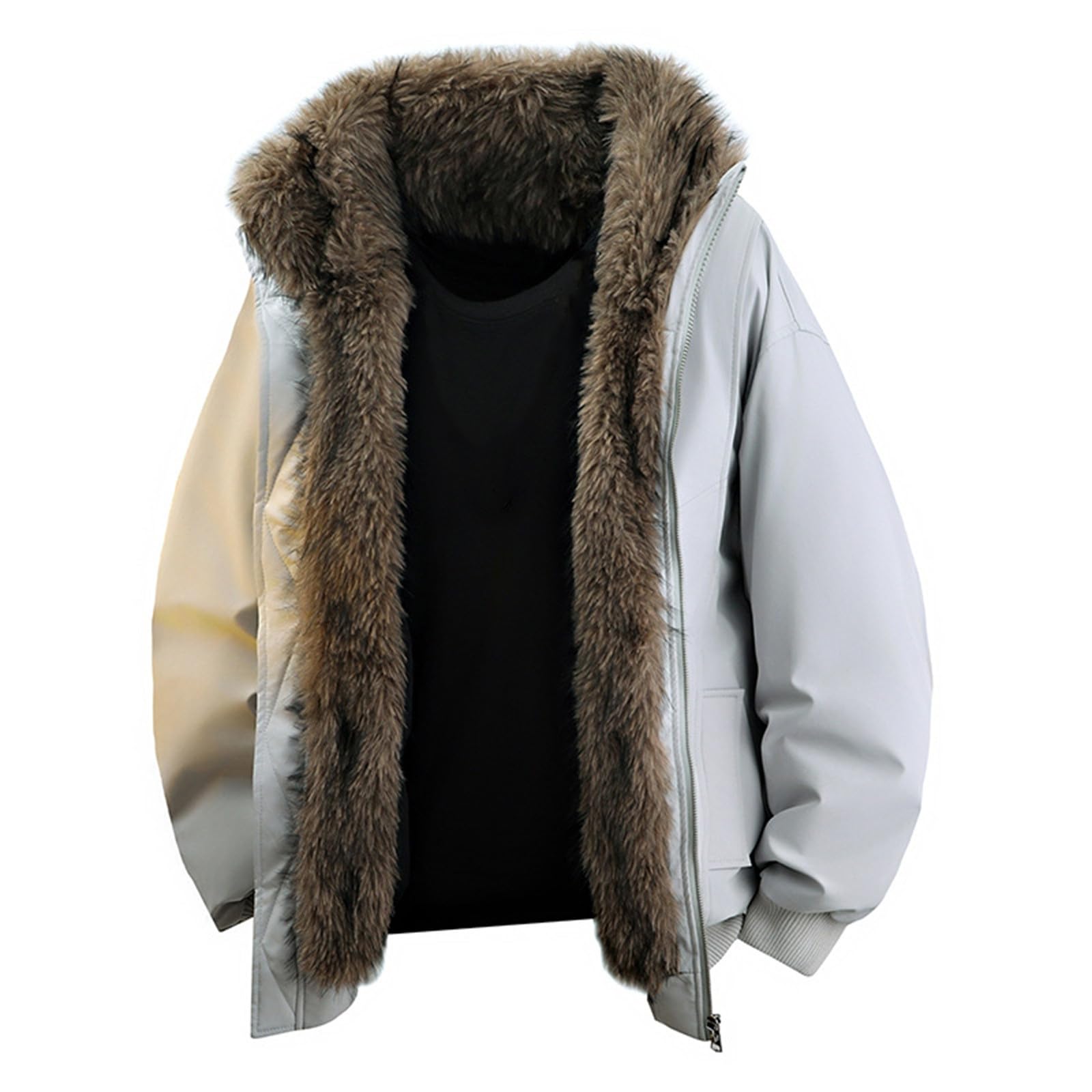 Generisch Chaqueta de plumas de piel sintética para hombre, chaqueta de invierno con cuello alto, chaqueta de entretiempo, chaqueta cortavientos, monocolor, chaqueta bomber, holgada, cálida, chaqueta