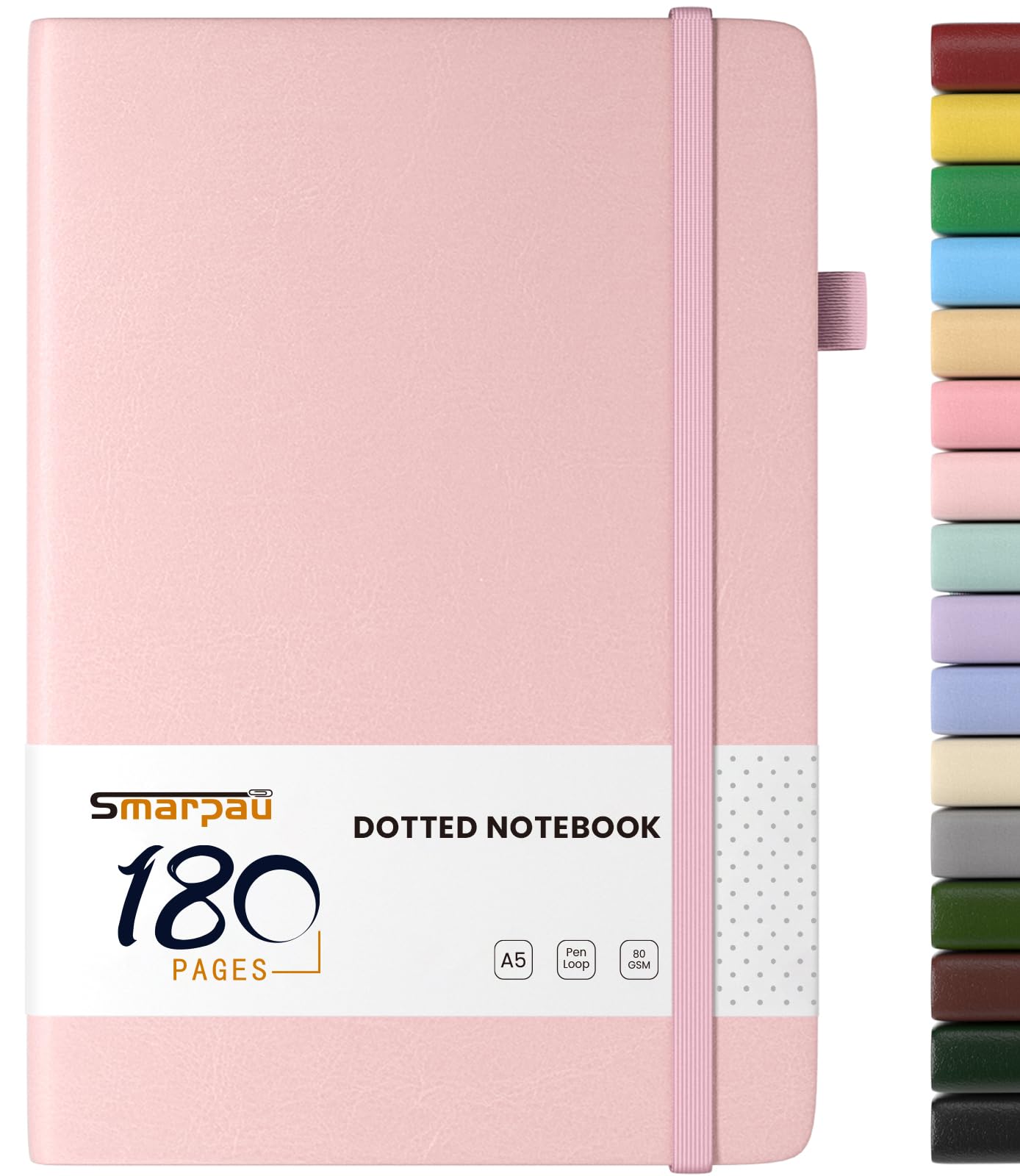 Smarpau Dotted Notebook A5, Bullet Dot Grid Journal with 180 Pages, Leather Journal for Women Men, No Bleed for Writing, Notepad for Office School Travel, 14.5 X 21 cm - Light Pink