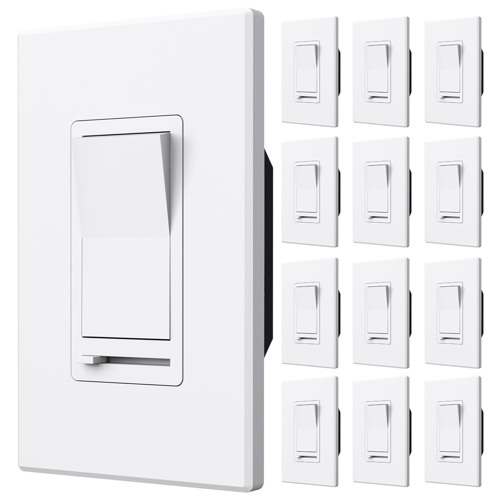 AmicoETL listed, wall plate included, slide for 150W LED/CFL and 600W incandescent/halogen, dimmable light switch 12 Pack Dimmer Light Switch, 1-Pole or 3-Way, Horizontal Slide, White