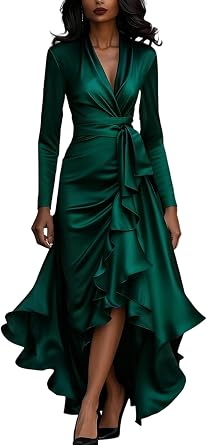 Womens Long Sleeve Satin Wedding Guest Maxi Dress Slim Ruffle Solid Color Prom Dresses Party Formal Dresses