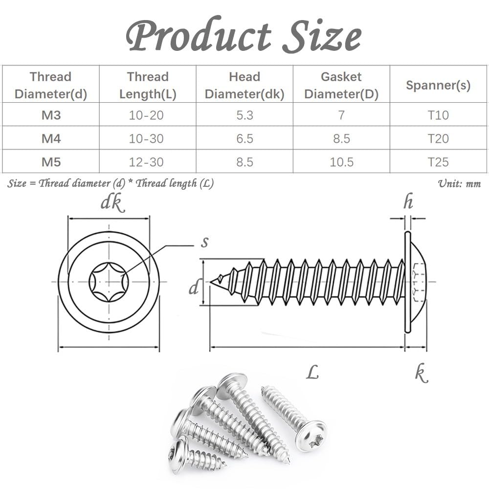 M5 Torx Viti Autofilettanti - Argento Viti per Legno a Testa Tonda Completa Filettatura con Rondella in Acciaio Inox 304, M5 x 16mm, 20 Pezzi