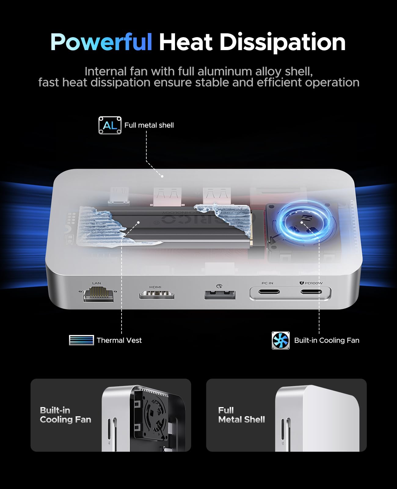 ORICO SSD Esterno 512GB, Docking Station 10-in-1 USB-C velocità fino a 1000MB/s, HDMI 4K@60Hz, ricarica PD 100W Ethernet Gigabit Hub USB, lettore SD/TF Archiviazione Portatile Multifunzione
