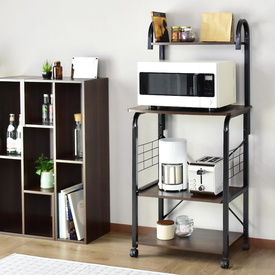 DORIS ドリス レンジ台 4段 スライド棚 幅60 キッチンラック キャスター付き コンセント付き レンジラック 炊飯器 トースター キッチン収納 1人暮らし ワンルーム コンパクト ウォルナット ビター【14574】