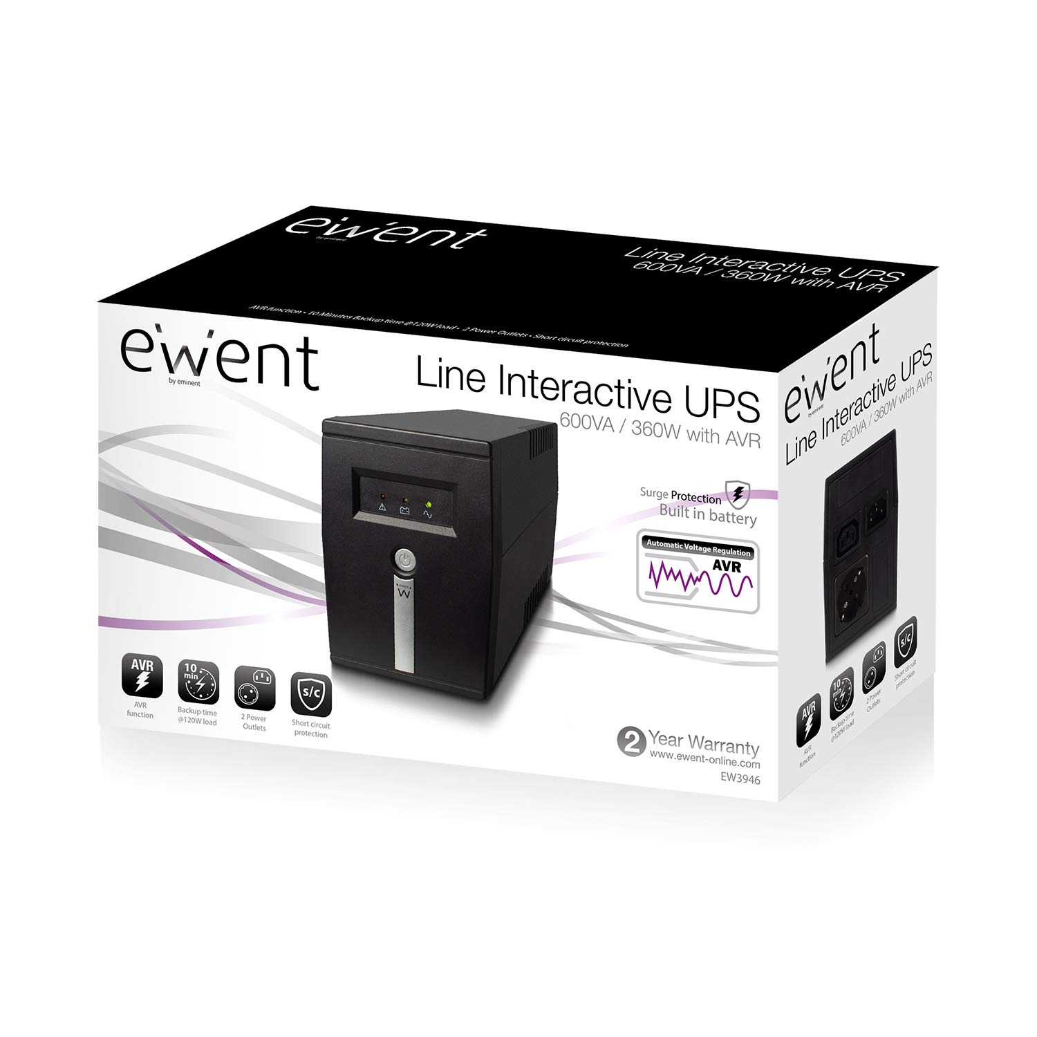 Ewent EW3946 Zasilanie bez przerw (UPS) 600 VA 1 wyjścia AC, liniowe interaktywne - Zasilanie bezprzerwowe (USP) (600 VA, 360 W, 230 V, 230 V, 230 V, 230 V, 230 V)