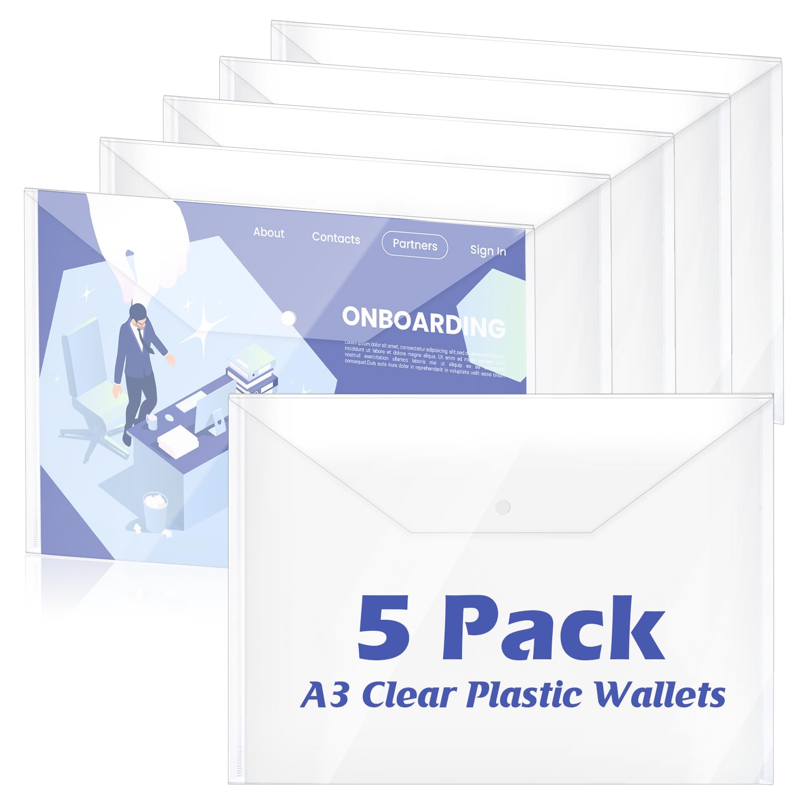 – 5 Pack A3 Clear Plastic Wallets Transparent A3 Press Stud Wallets Document Holder Waterproof Plastic Wallet Folder Envelope Folders Landscape Document Organizer for Office School Home (5)