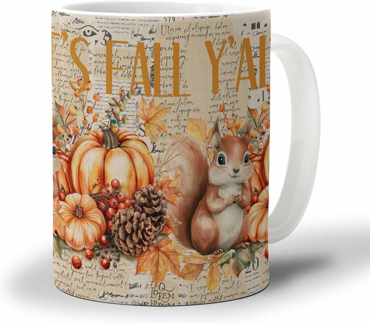 BEMIGO Ceramic Coffee Mug Fall Vintage Pumpkin Ceramic Mug White Cup, Squirrel Harvest Insulated Coffee Cup with Handle with Pattern Perfect for Tea and Hot Beverages, 12oz