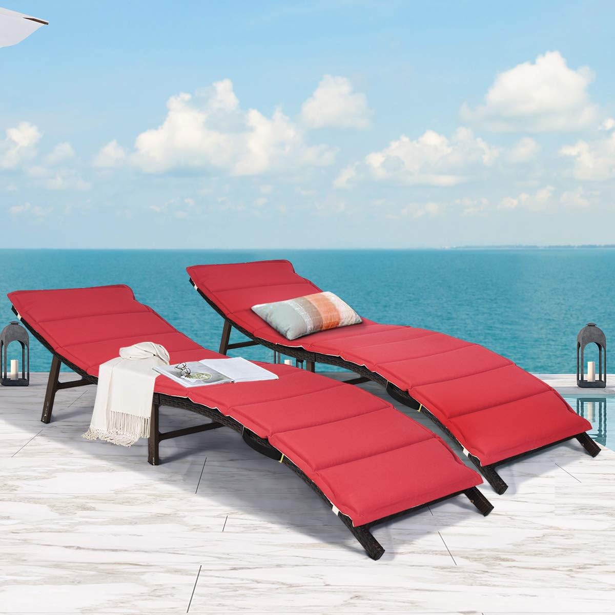 Tangkula Set of 2 Patio Chaises, Foldable Outdoor Patio Wicker Lounger Chair, with Double-Sided Cushions, Suitable for Poolside Garden Lawn Backyard Deck and Sunroom