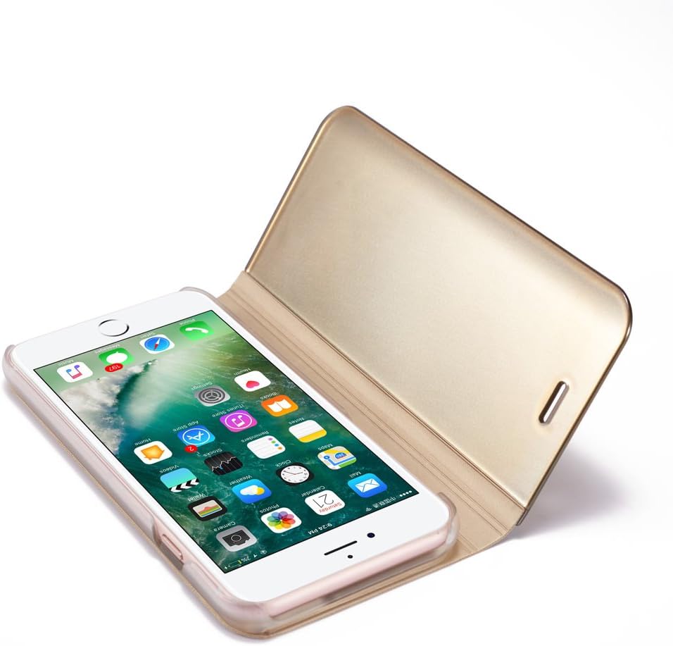 QLTYPRI iPhone 6 Plus 6S Plus 7 Plus 8 Plus Case, Ultra Slim PC Shell PU Leather Back [Perspective] [Mirror] Semi-Transparent Cover Flip Case for iPhone 6 Plus/6S Plus/7 Plus/8 Plus - Gold