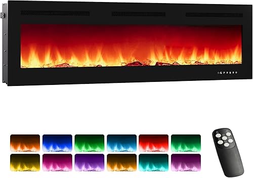 Miniatura 14 de Insertos de chimenea eléctrica de 50 pulgadas, marco ultra estrecho de 1500/750 W, chimeneas montadas en la pared con 3 modos de calefacción, 12