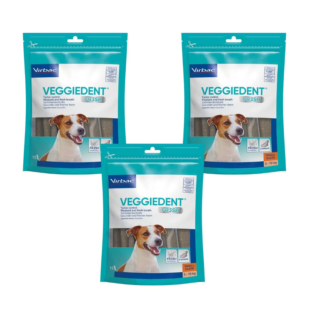 VeggieDent S | Kaustreifen für kleine Hunde | 3 x 224 g | Vegetarisch | Virbac | Ergänzungsfuttermittel | Zur Unterstützung der täglichen Zahnpflege und Maulfrische | Vegetarisch | 3er Pack