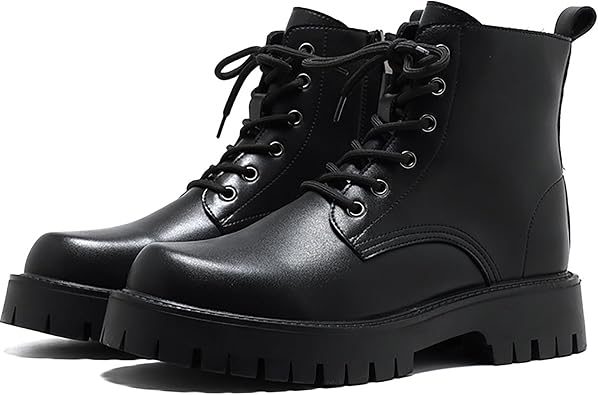 MenS Black Patent Leather Platform Combat Boots Fashion Wide Toe Lace Up Side Zipper Sole Non-Slip High Top Motorcycle Boots Comfort Outdoor Casual Waterproof Chunky Heel Ankle Booties