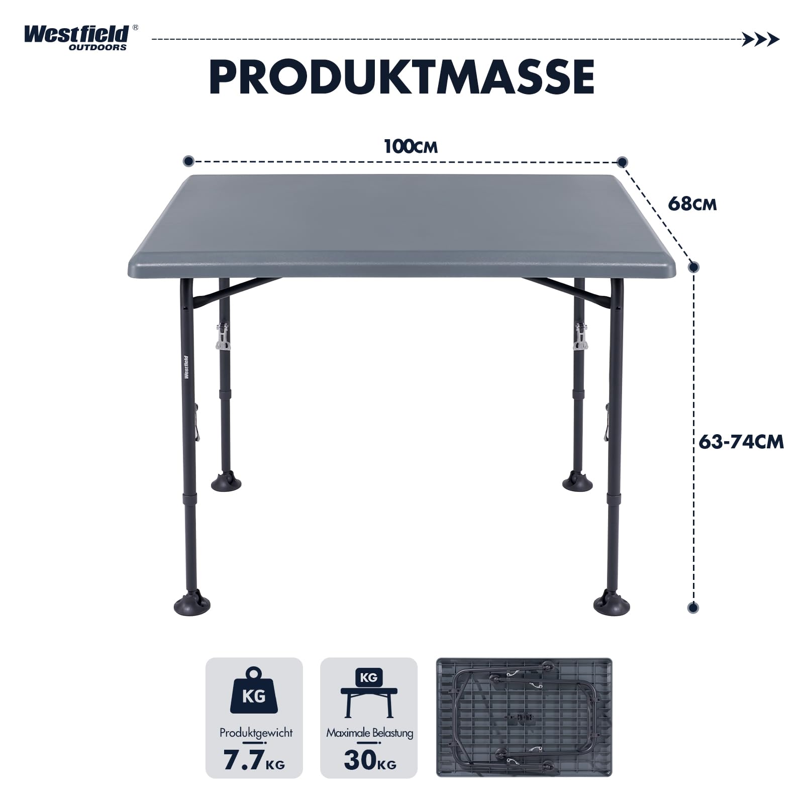 Westfield Outdoors Resino, Campingtisch klappbar Höhenverstellbar Klapptisch 100x68cm für 4-6 Personen, Robuste ABS-Tischplatte, Wasserdicht & stabil, für Camping, Garten, Picknick, Grau