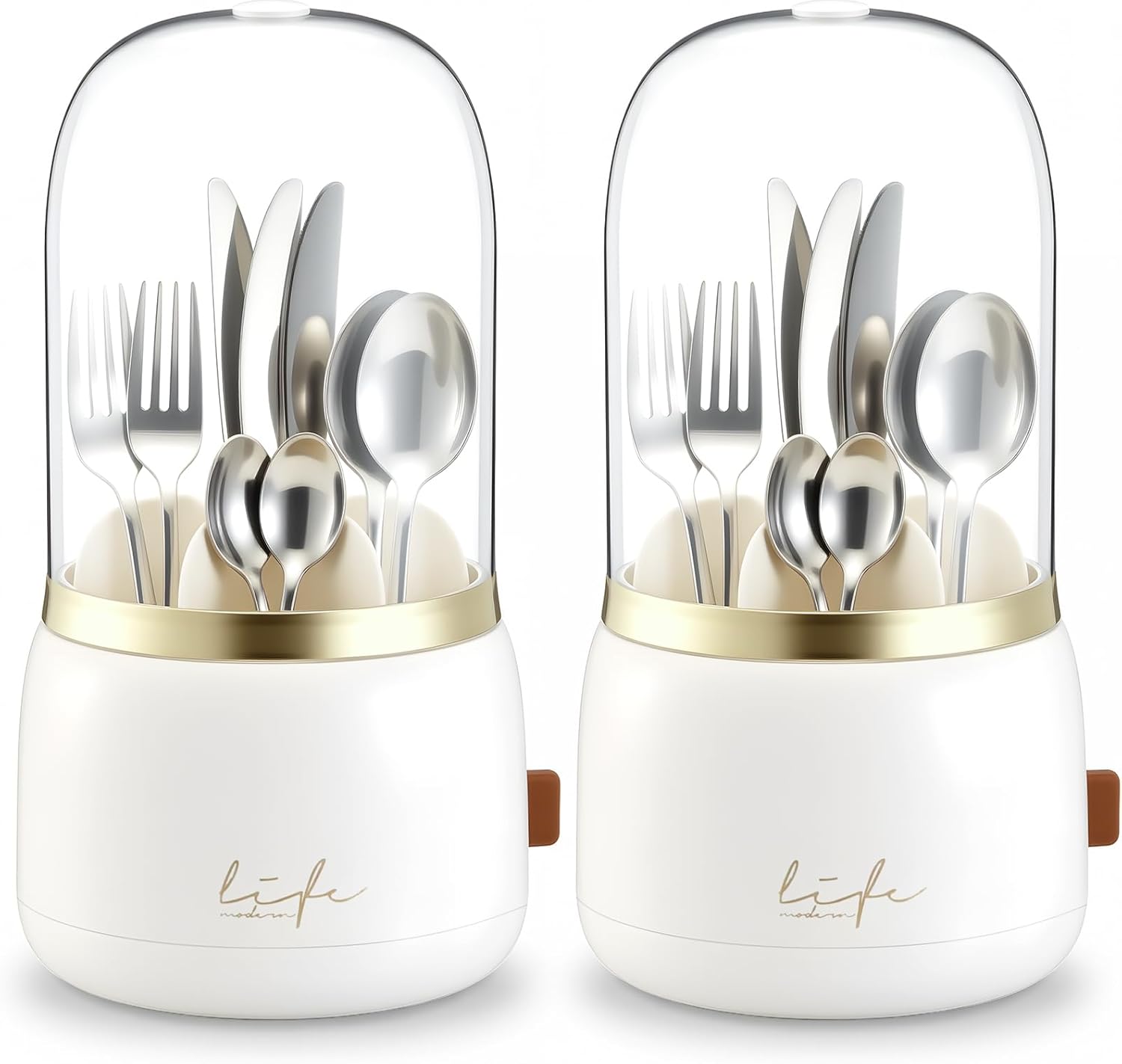 2 Pack 360° Rotating Silverware Organizer, Utensil Holder with Lid for Kitchen Counter, Silverware Caddy with Drainage Dustproof Flatware Holder for Cutlery Spoon Fork Storage, White(7 Slot)