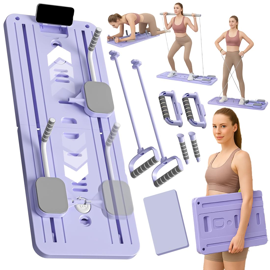 Tabla de Pilates multifuncional, tabla de pilates, tabla de abdominales, para fitness en casa y ejercicio completo, PP+TPE+EVA+hierro, con barra yoga, 2 bandas elásticas, asas push-up