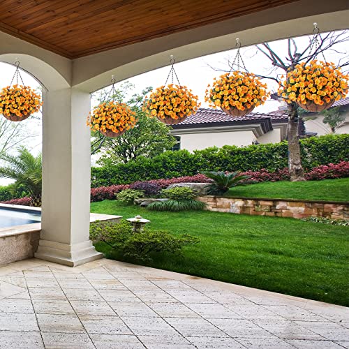 Hanging Artificial Flowers Basket, Hanging Daisy Flowers In Coconut Lining Hanging Basket For Garden Porch Deck Decoration,Faux Flower With Basket Arrangement Outdoors Indoors Courtyard Decor(Orange) #TOP1