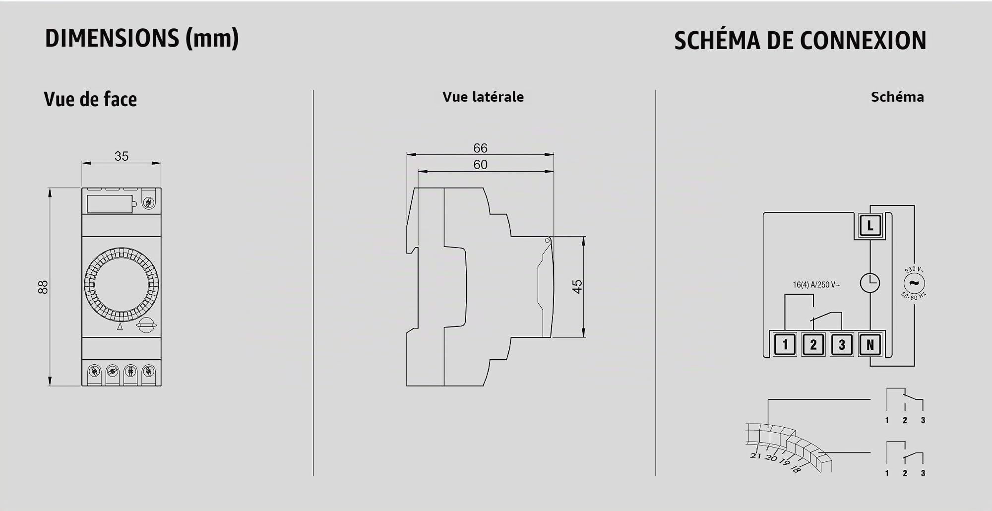 VEMER VP879100 Duet-D – Interrupteur Horaire électromécanique, Minuterie Journalière Programmable, 2 Modules DIN, Relais 16A, 230V, Installation Rail DIN, Gris