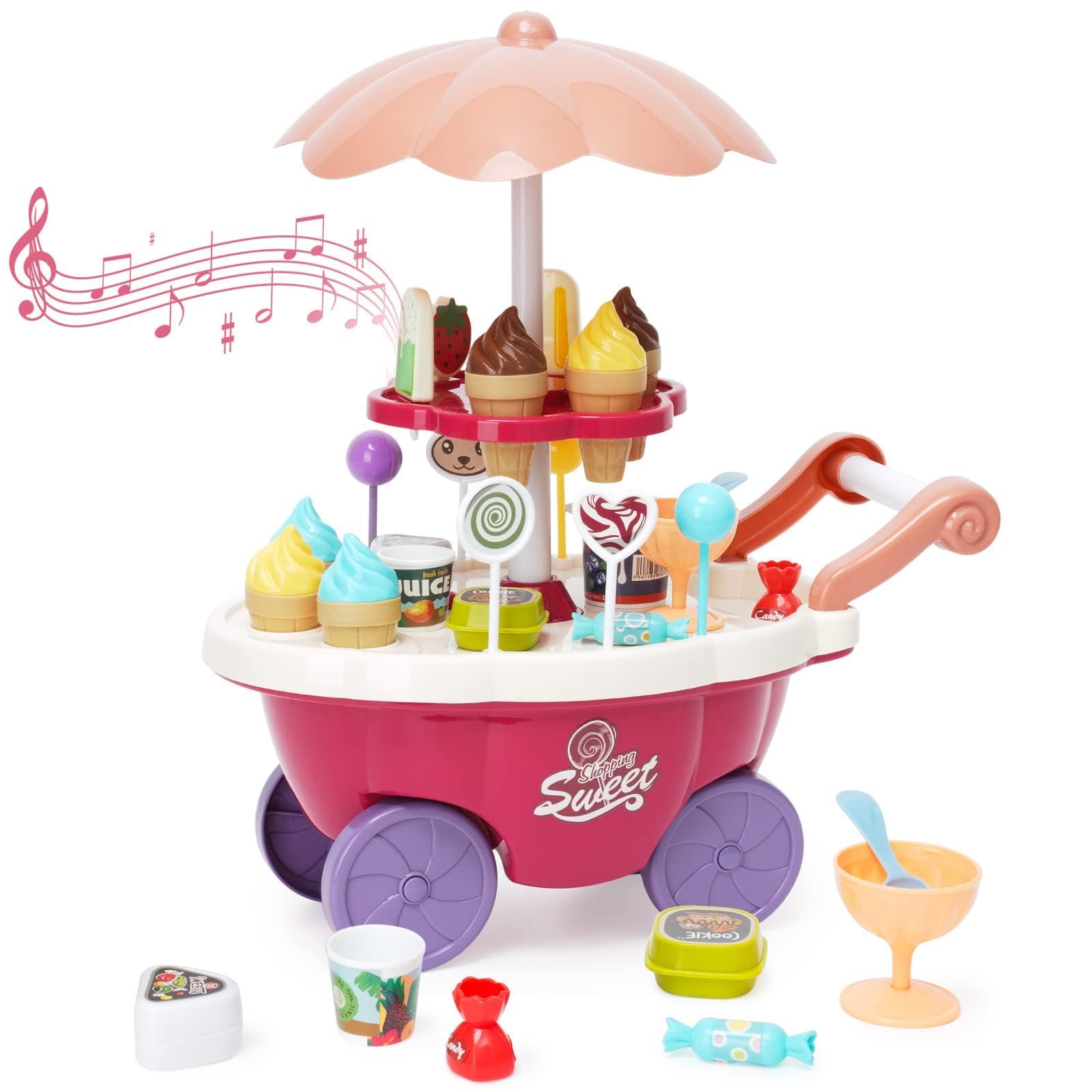 Chariot à Glace Enfant, Jouet à Crème Glacier 36 Pièces, Jeu de Rôle Éducatif avec Sucettes Chocolat, Jouet de Crème Glacée pour Enfant Filles 3 Ans