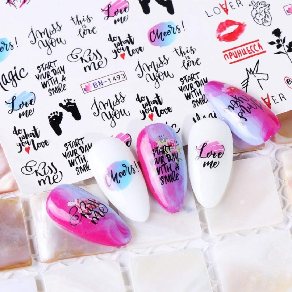 12 diseños de calcomanías de Agua, Letras Negras, Pegatinas de Transferencia para uñas, Deslizador de lámina de corazón de Amor, Arte de uñas DIY, Puntas Decorativas