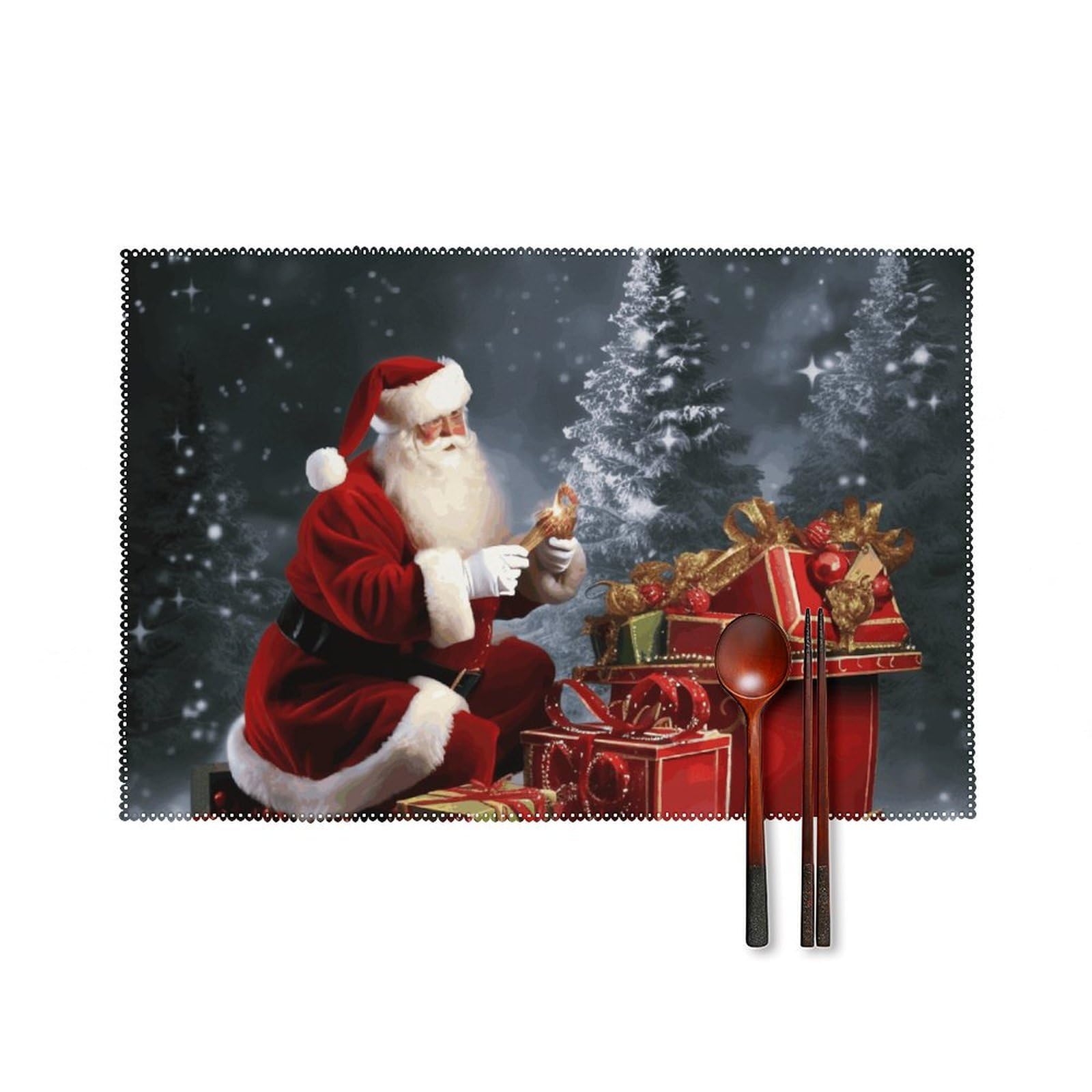 Merry Christmas Santa's Gift Placemats Set of 6, 12x18 Inch Heat Resistant Washable Canvas Table Mats, Stain Resistant Decorative Dining Placemats for Kitchen, Restaurant, Outdoor Party
