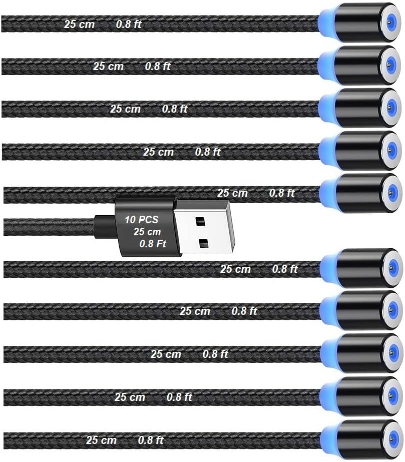 Magnetic Charging Cable 10pcs,Just Short USB Cables No Magnetic Charging Tips,[0.6~0.8ft/20~25cm,2.4 A Max) i Style Nylon Braid Cord,Compatibility Charger Station/Mobile Power&More Devices (Black)