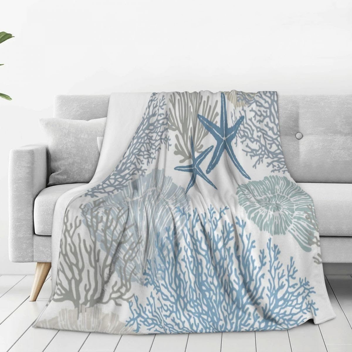 Blue Flannel Throw Blanket, Nautical Coastal Starfish Soft Warm Lightweight Blankets for Chair Sofa Couch Bed Gift Decor, 60 x 80 Inch