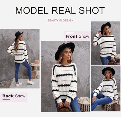 Dokotoo Long Sleeve Crewneck Striped Pullover Sweaters For Women Winter Casual Loose Knit Pullover Sweater Jumper Tops White Medium thumb #4
