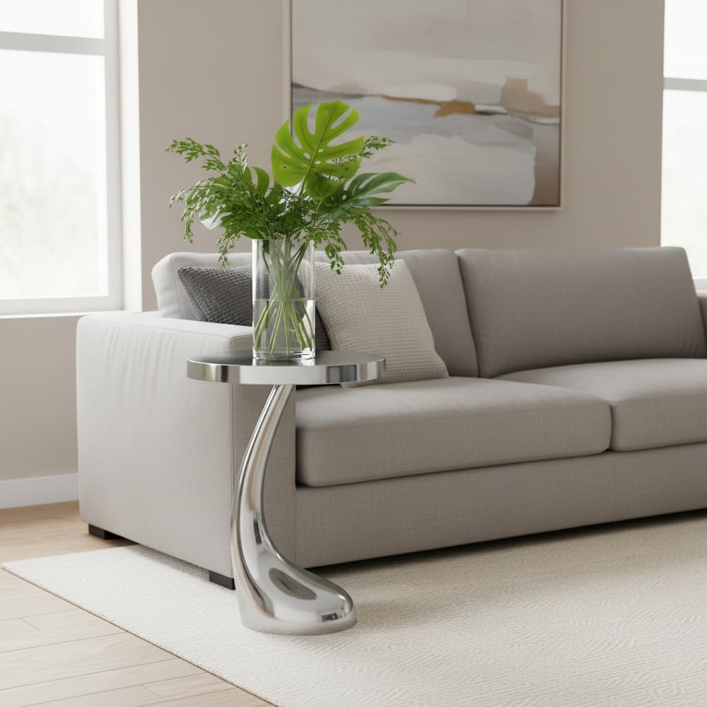 Modern Day Accents 3803 Recodo Curve Foot Table, Silver, Aluminum, Home or Office, Round Accent Table Tabletop, Room Decor Side Table End Table Furniture, Small Accent Table 14.75"L x 14.75"W x 21"H
