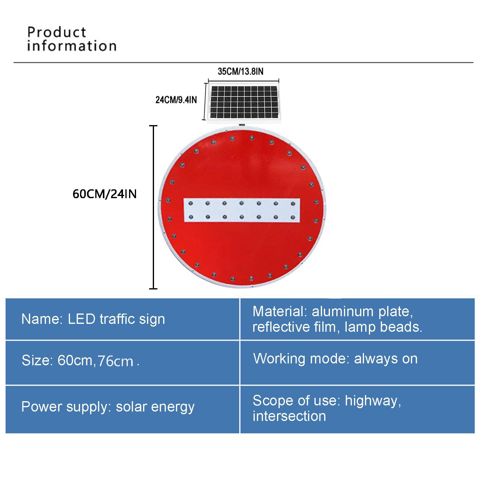 Señal de prohibición de entrada con LED solar, 60 cm/76 cm señales de advertencia de tráfico de prohibición de entrada de alta visibilidad con accesorios de montaje, (Rojo, 60cm)