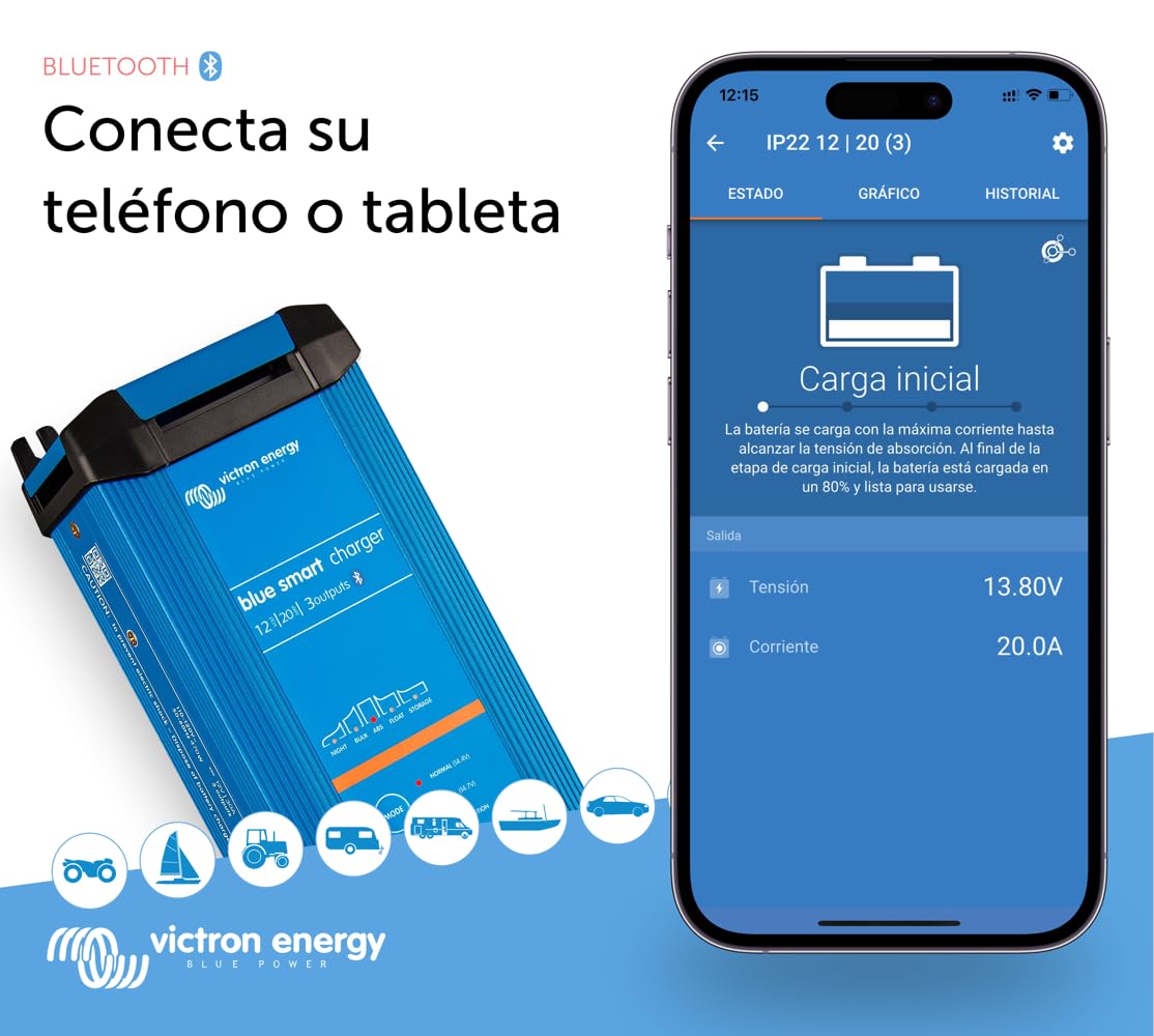 Victron Energy Blue Smart IP22 12-Voltios 20 amperios 230V, Cargador de Batería de 3 Salidas CEE 7/7, Bluetooth