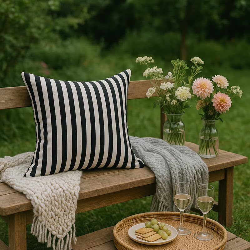 Image of WWW.THROWPILLOW.IN Black and White Striped Cushion Cover, Premium Decor Fabric, Smooth Black and White Pattern, Modern Cushion, Minimalist Sofa Accent Pillowcase Square Sofa Cushion 16x16 Inches