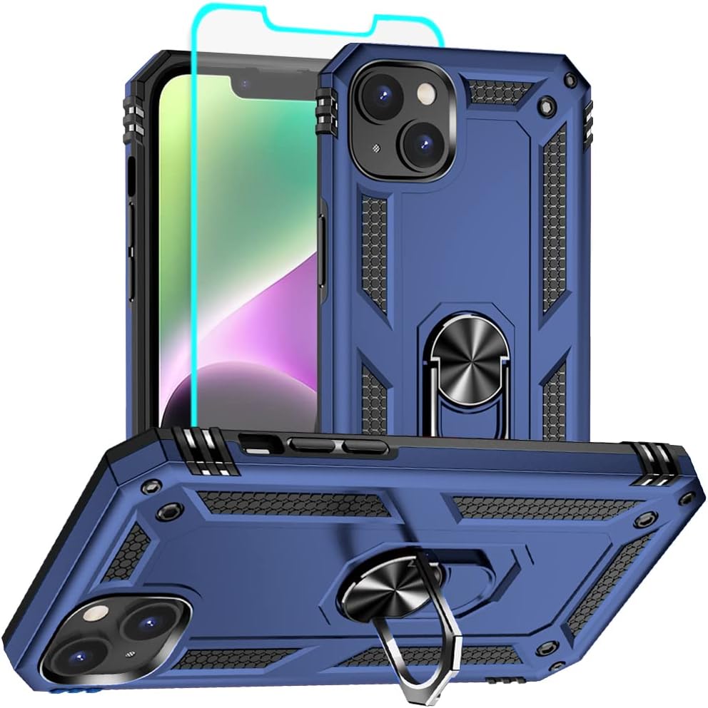 iPhone 14 Case with HD Screen Protector, Military Grade 16ft. Drop Tested Ring Shockproof Protective Phone Case for iPhone 14, Blue