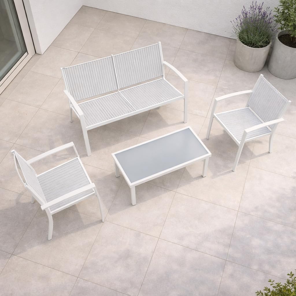 Set Salotto da Giardino 4 Pezzi, Divano 2 Posti, 2 Poltrone e Tavolino in Vetro Temperato, Mobili da Esterno in Metallo e Textilene per Terrazzo Balcone Patio (Bianco)